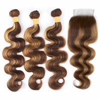 P4/27 Highlight Body Wave Human Hair 3 Bundles With Closure 12A Brazilian Hair