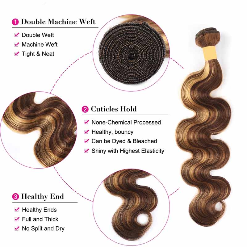 P4/27 Highlight Body Wave Human Hair 3 Bundles With Closure 12A Brazilian Hair
