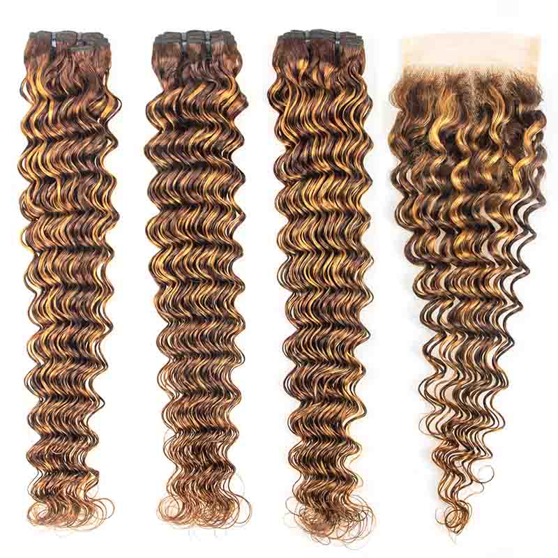 P4/27 Highlight Deep Wave Human Hair 3 Bundles With Closure 12A Brazilian Hair