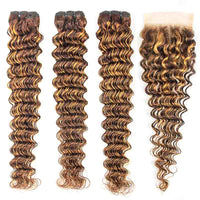 P4/27 Highlight Deep Wave Human Hair 3 Bundles With Closure 12A Brazilian Hair