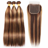 P4/27 Highlight Straight Human Hair 3 Bundles With Closure 12A Brazilian Hair