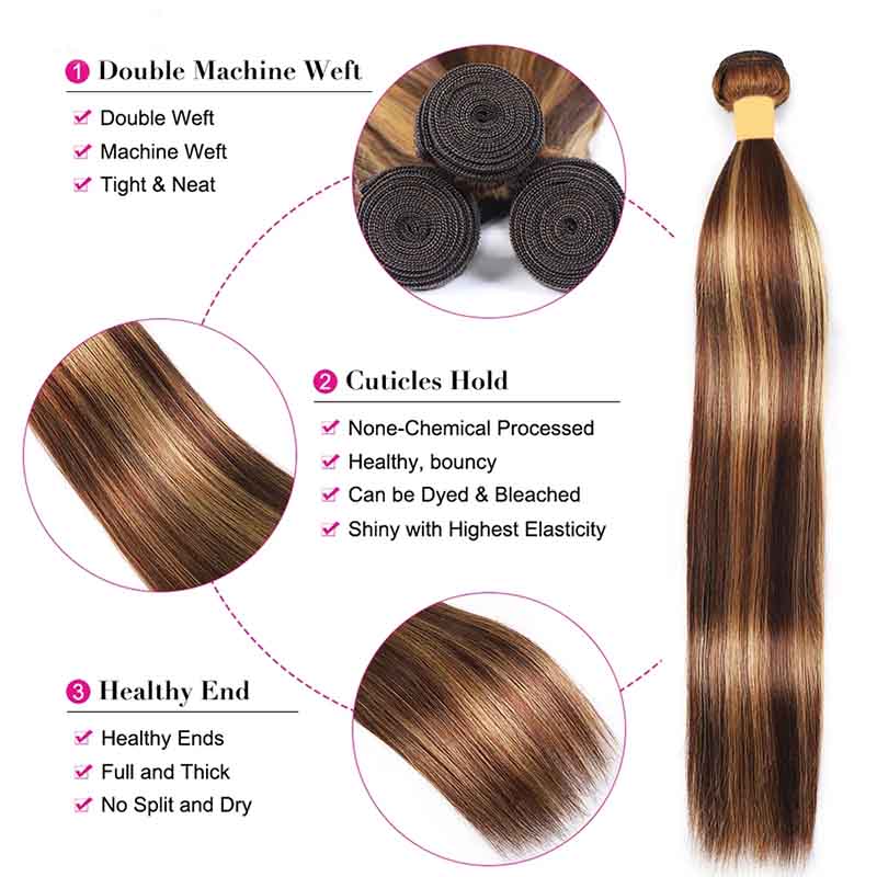 P4/27 Highlights Bundles With Frontal 12A Brazilian Straight Virgin Human Hair