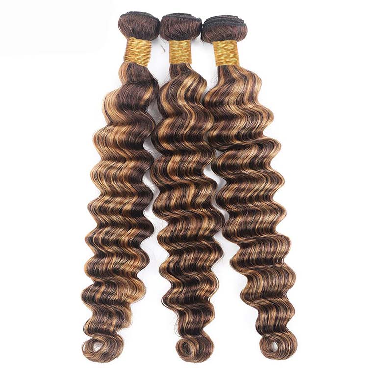Bleached Knots Brown Highlighted Bundles With Closure Loose Deep Wave 12A Virgin Hair