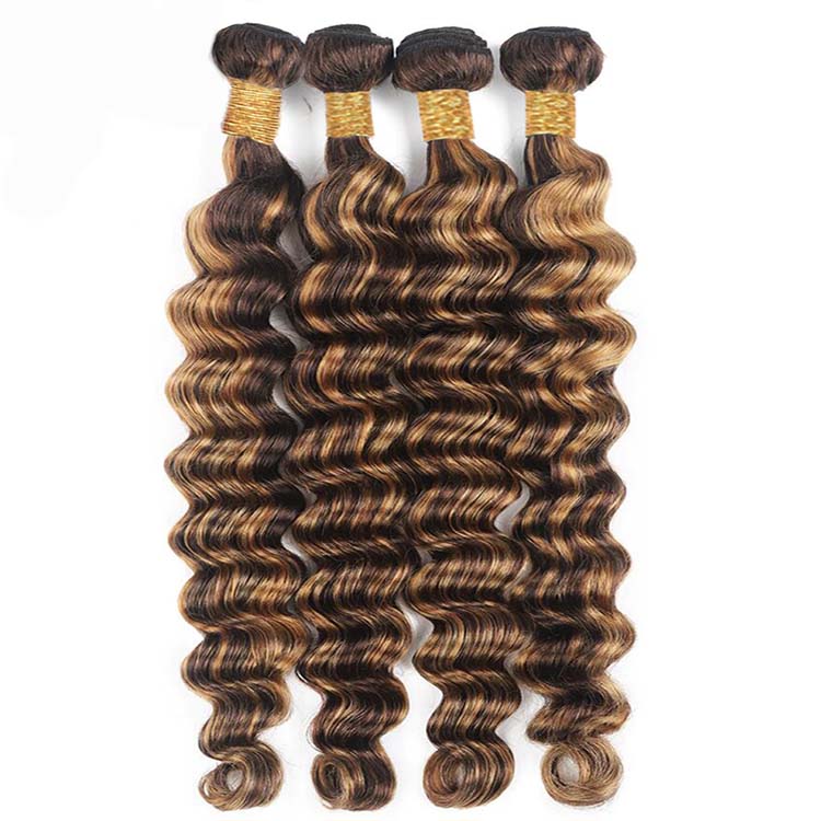 Bleached Knots Brown Highlighted Bundles With Closure Loose Deep Wave 12A Virgin Hair