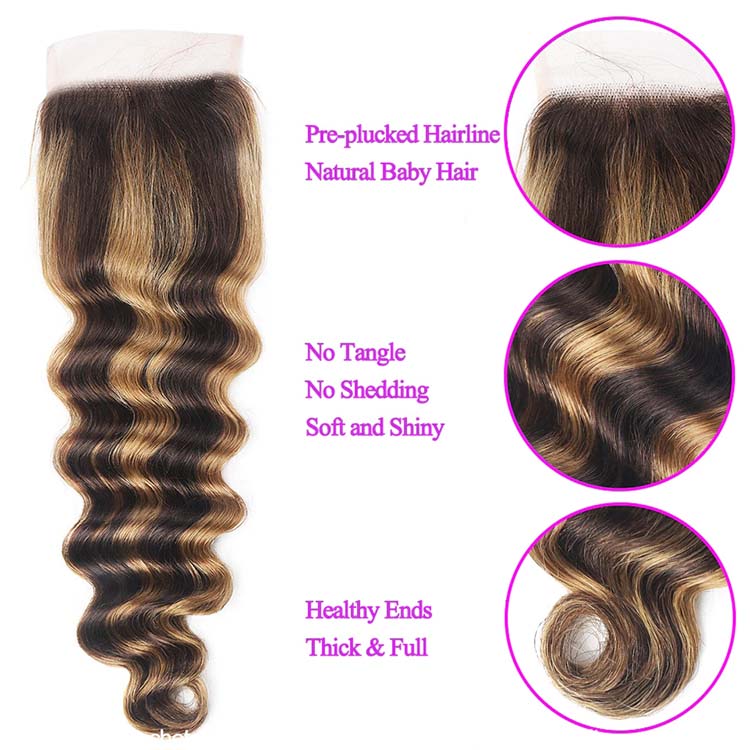 Bleached Knots Brown Highlighted Bundles With Closure Loose Deep Wave 12A Virgin Hair