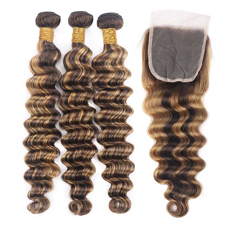 Bleached Knots Brown Highlighted Bundles With Closure Loose Deep Wave 12A Virgin Hair