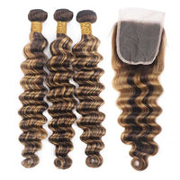 Bleached Knots Brown Highlighted Bundles With Closure Loose Deep Wave 12A Virgin Hair