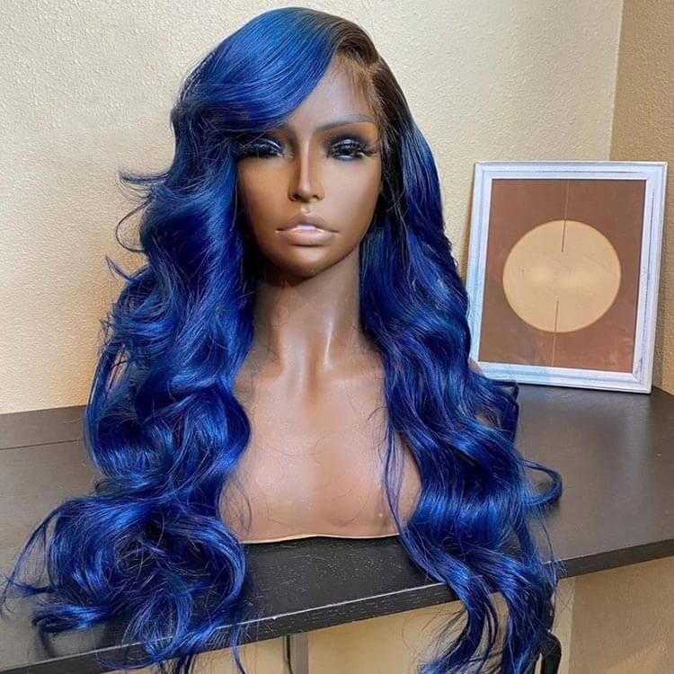 Blue Wig Dyed From 613 Blonde 3D Body Wave 13x4 HD Lace Front Human Hair Wigs