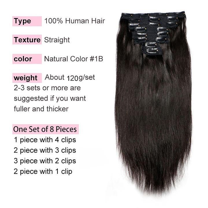Straight Clip In Human Hair Extensions Full Head 120g/set Clip on Hair Extension for Women