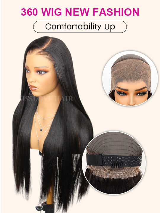 Kisslove Beginner Friendly Snug Fit 360 Lace Frontal Wig Bone Straight Hair Wigs With Invisi-Drawstring