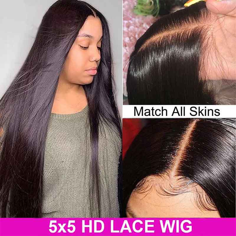 Bleached Knots 5*5 HD Lace Wig Bone Straight Hair 14A Brazilian Virgin Human Hair Wigs