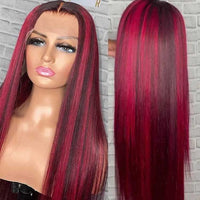 Black Hair With Red Highlights 99J Burgundy 13x4 13x6 Lace Frontal Human Hair Wigs