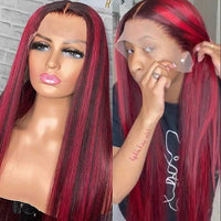 Black Hair With Red Highlights 99J Burgundy 13x4 13x6 Lace Frontal Human Hair Wigs