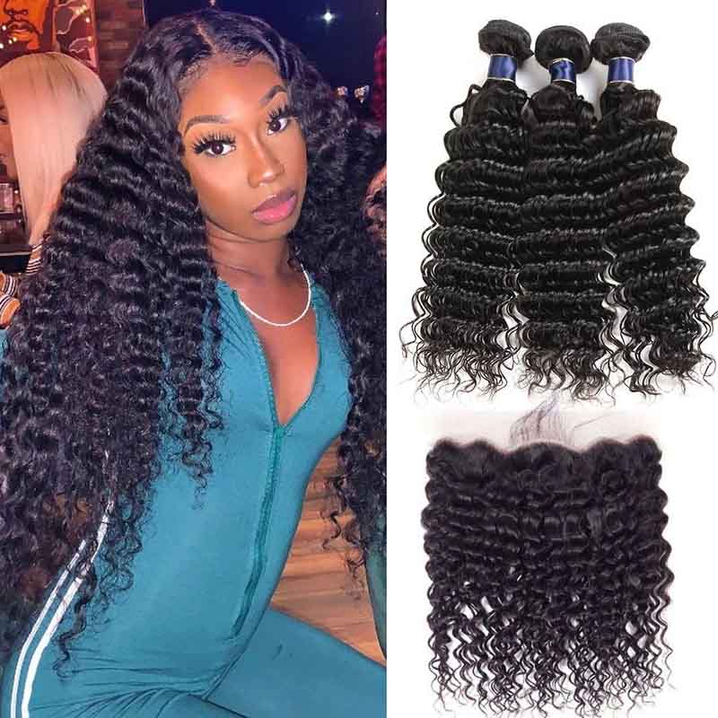 13x4 HD Lace Frontal With Bundles Deep Wave 12A Brazilian Virgin Hair Weave