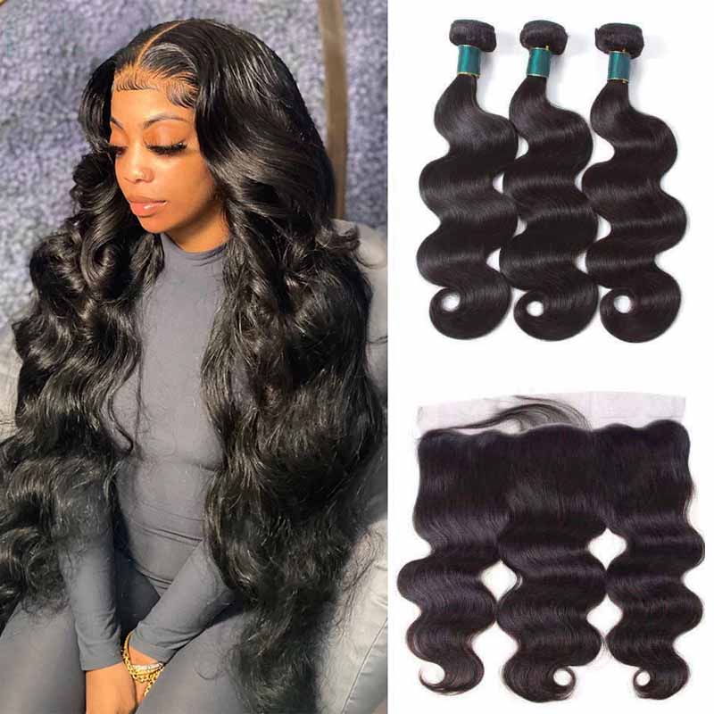 13*4 HD Lace Frontal With Bundles Body Wave 12A Brazilian Virgin Human Hair Weave