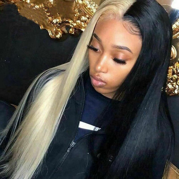 Half 613 Blonde Half Red Hair Bone Straight 5x5/13x4 Lace Human Hair Wigs 180% Density