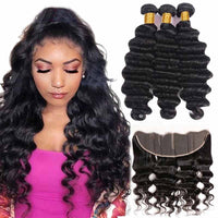 13*4 HD Lace Frontal With Bundles Loose Deep Wave 12A Brazilian Virgin Hair Weave