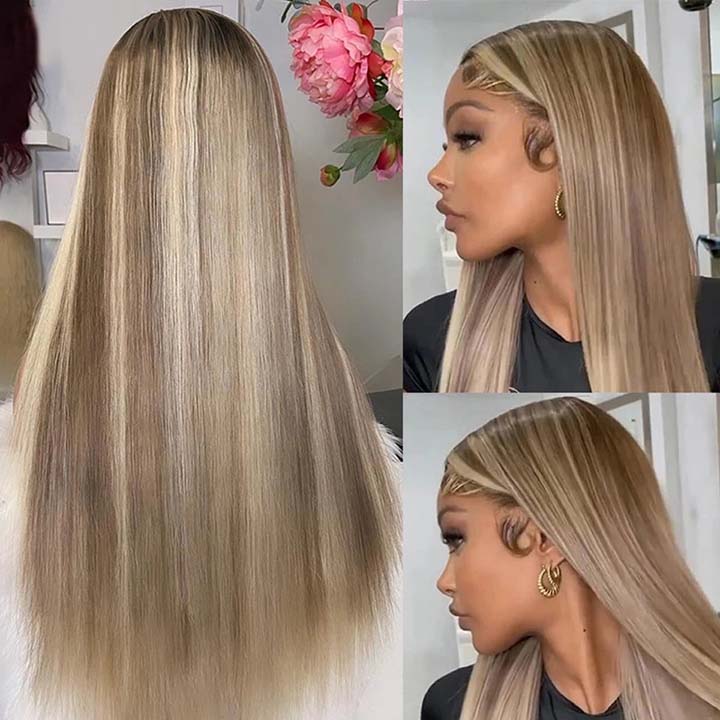 Barbie Blonde Wig With Brown Highlights Straight Hair & Body Wave 13x4 Lace Frontal Wigs