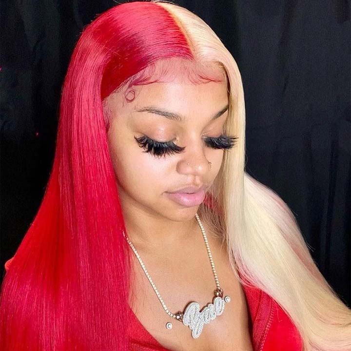 Half 613 Blonde Half Red Hair Bone Straight 5x5/13x4 Lace Human Hair Wigs 180% Density