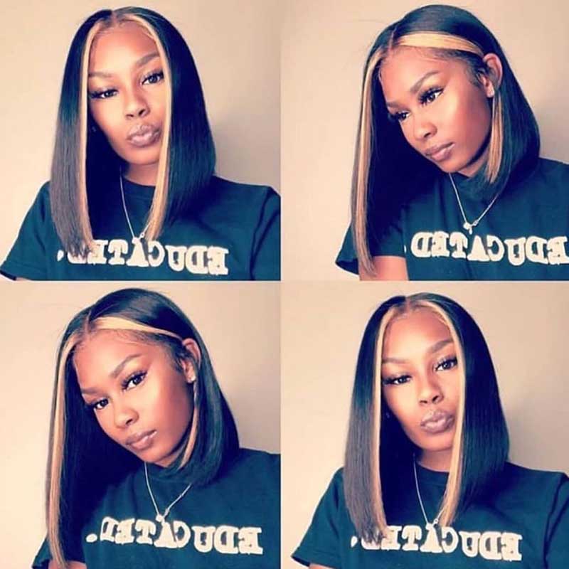 Skunk Stripe Highlight Bob Wig 13x4 Transparent Lace Front Human Hair Wigs Straight Hair