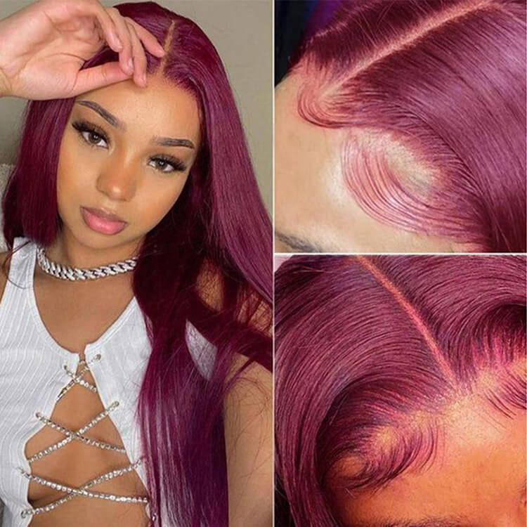 4x4 Transparent Lace Closure Wig Glueless 99j Burgundy Color Straight Human Hair Wigs