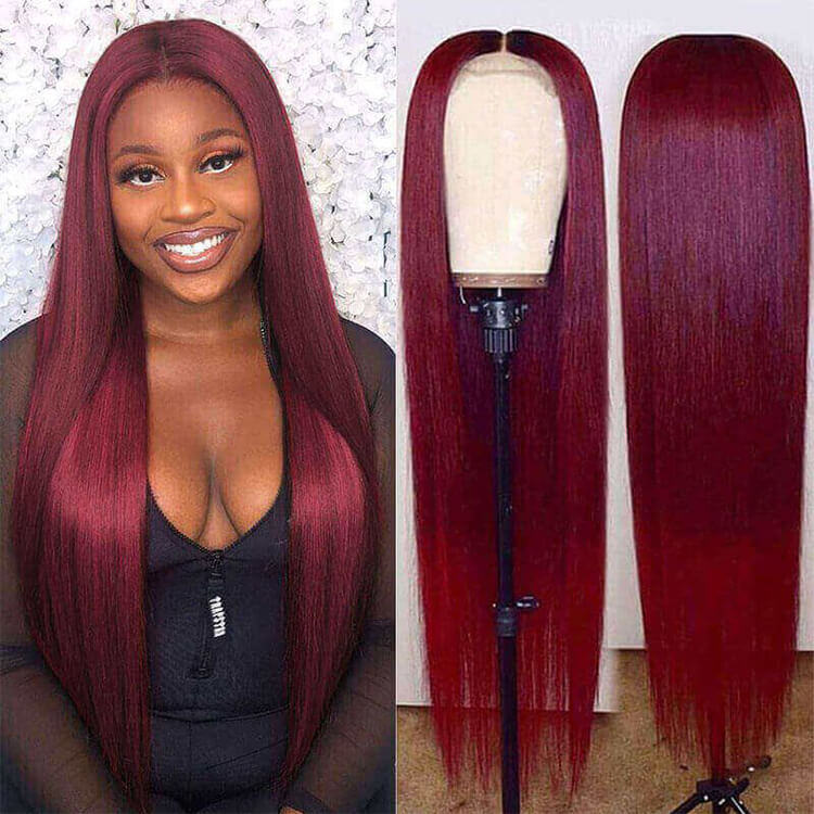4x4 Transparent Lace Closure Wig Glueless 99j Burgundy Color Straight Human Hair Wigs
