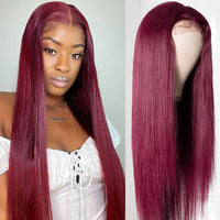 4x4 Transparent Lace Closure Wig Glueless 99j Burgundy Color Straight Human Hair Wigs