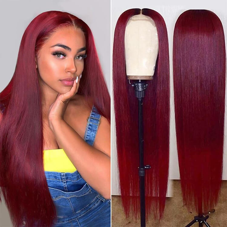 4x4 Transparent Lace Closure Wig Glueless 99j Burgundy Color Straight Human Hair Wigs