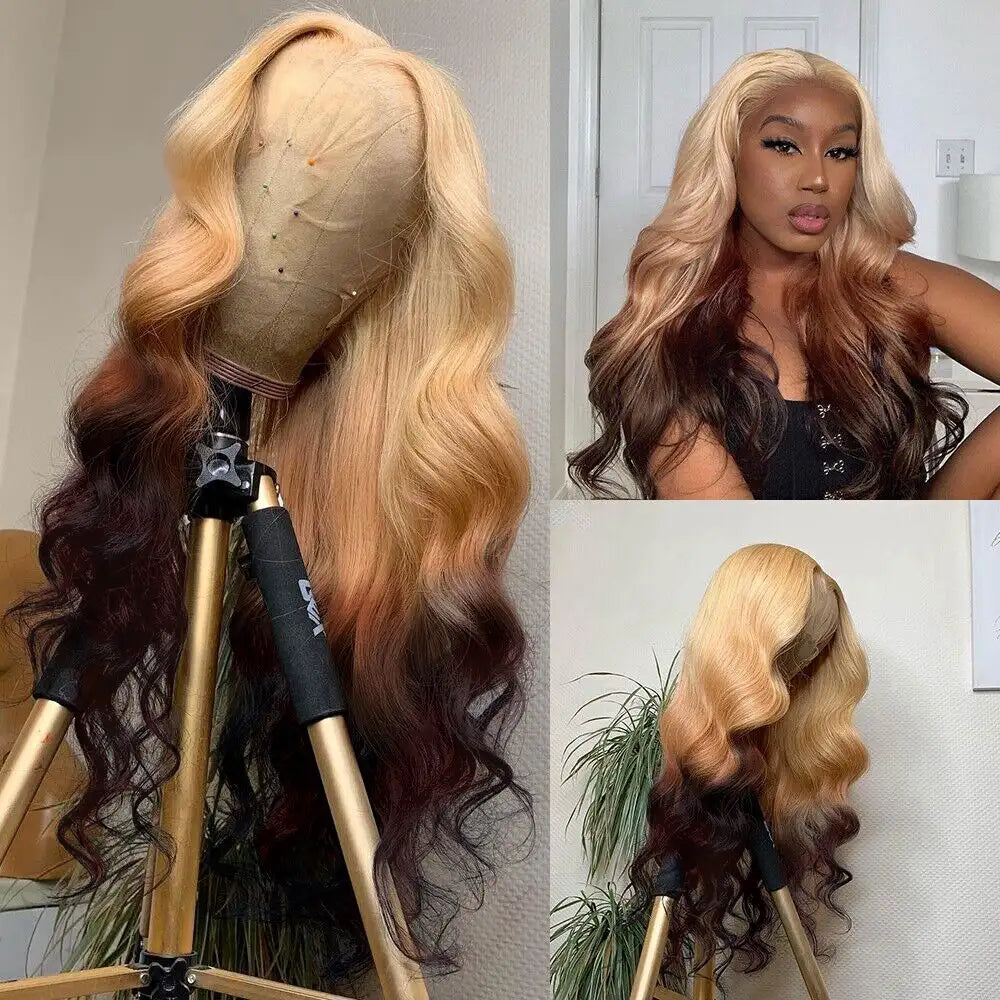 Ombre Blonde Brown Wig 3D Body Wave Honey Blonde On Brown Hair 13x4 HD Lace Front Human Hair Wigs