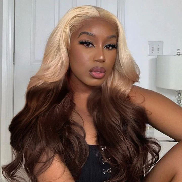 Ombre Blonde Brown Wig 3D Body Wave Honey Blonde On Brown Hair 13x4 HD Lace Front Human Hair Wigs