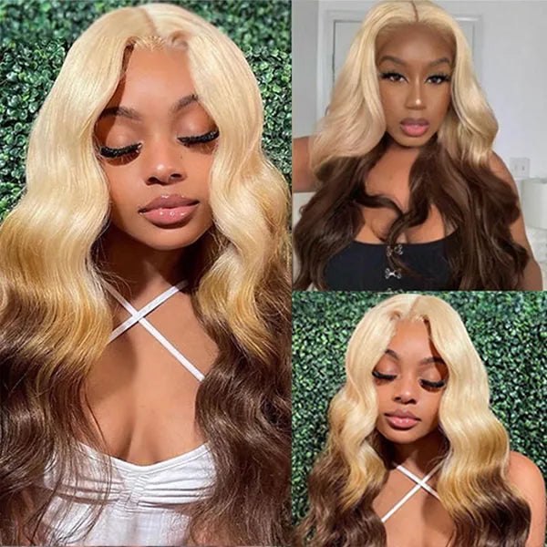 Ombre Blonde Brown Wig 3D Body Wave Honey Blonde On Brown Hair 13x4 HD Lace Front Human Hair Wigs