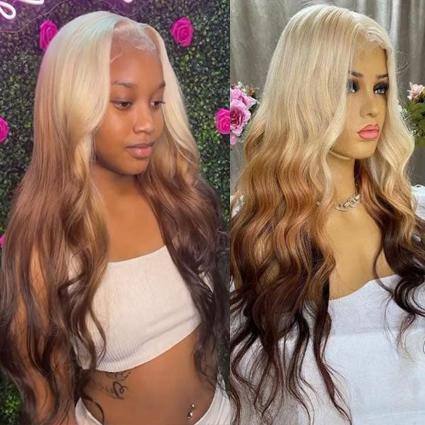 Ombre Blonde Brown Wig 3D Body Wave Honey Blonde On Brown Hair 13x4 HD Lace Front Human Hair Wigs