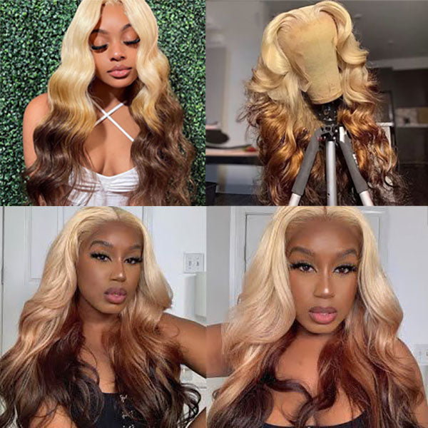 Ombre Blonde Brown Wig 3D Body Wave Honey Blonde On Brown Hair 13x4 HD Lace Front Human Hair Wigs