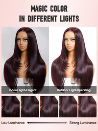 Kisslove Glueless Invisi-Drawstring 360 Lace Wig Dark Plum Color Curtain Bangs & Layered Body Wave Wig