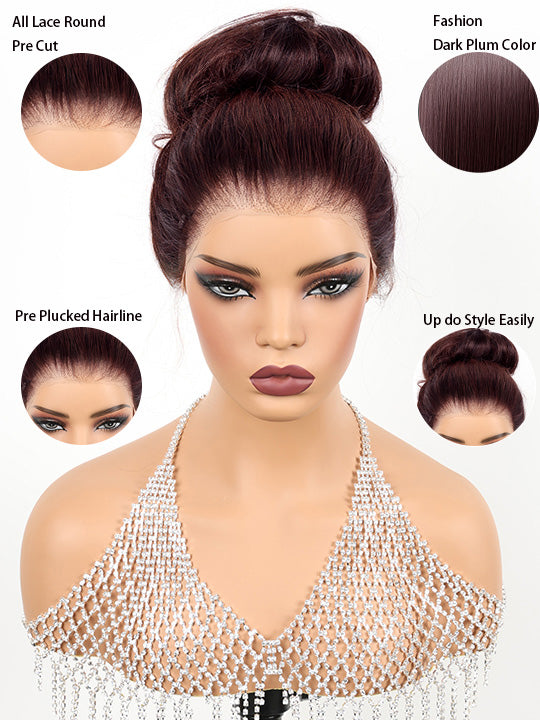 Kisslove Black Cherry Layered Straight Hair Glueless Invisi-Drawstring 360 Lace Wig Dark Burgundy Hair
