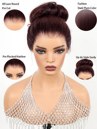 Kisslove Glueless Invisi-Drawstring 360 Lace Wig Dark Plum Color Curtain Bangs & Layered Body Wave Wig