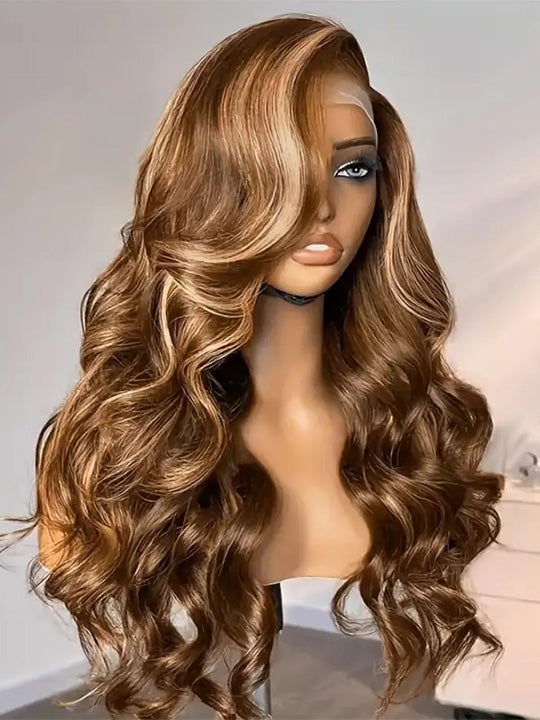 Honey Blonde Highlight 3D Body Wave 13x6 Lace Frontal Wig Bleached Knots 100% Human Hair Wear and Go Wigs