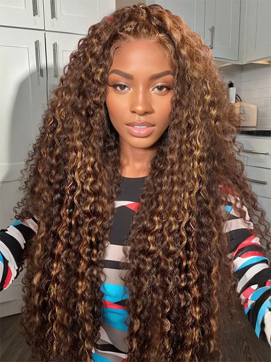 Full 13x6 Lace Frontal Highlights Wig Deep Wave Bye Bye Knots Colored Human Hair Wigs