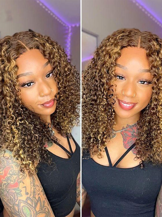 4C Kinky Edge Honey Blonde Highlights Kinky Curly 7x5 Glueless Lace Frontal Wig Kisslove Hair