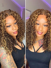 Honey Blonde Highlights Kinky Curly Short Bob Wig Glueless Lace Closure Bob Wigs