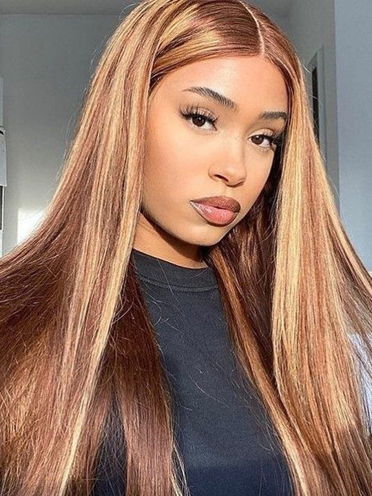 P4/27 Honey Blonde Highlight Straight Hair 13x4 13x6 Full Lace Frontal Human Hair Wigs