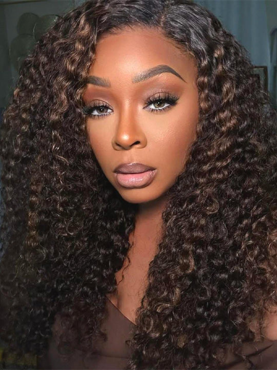 Kisslove Black Hair With Brown Highlights Water Wave Wig Pre Everything Invisi Drawstring 360 Lace Frontal Wig