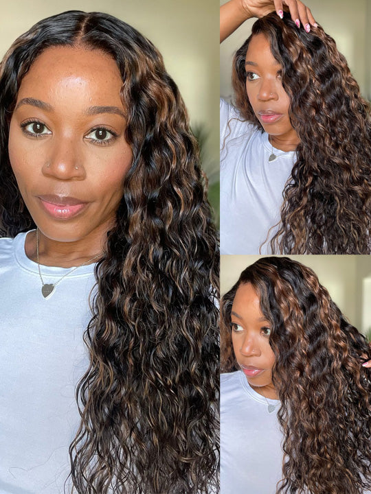 Kisslove Black Hair With Brown Highlights Water Wave Wig Pre Everything Invisi Drawstring 360 Lace Frontal Wig