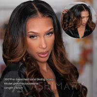 New Black Ombre Brown Highlight Layer Cut Body Wave 360 Lace Frontal with Invisi Strap Pre Bleached & Plucked Human Hair Wig