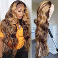 Honey Blonde Highlight 3D Body Wave 13x4 HD Lace Frontal Piano Color Human Hair Wigs