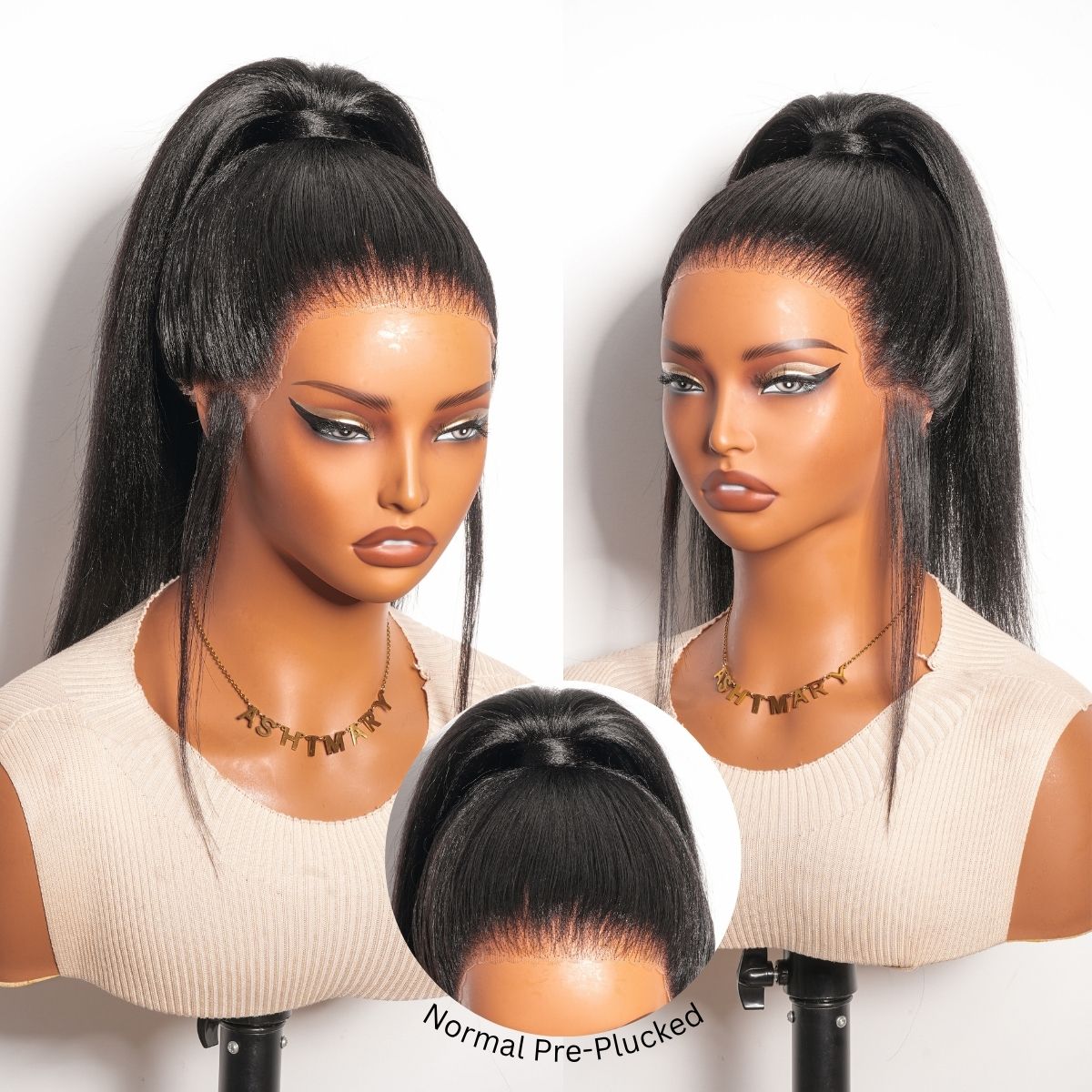 Pre-Styled Widows Peak Ponytail Wig Invisi Strap 360 Lace Wig Glueless Human Hair Yaki Straight Wigs