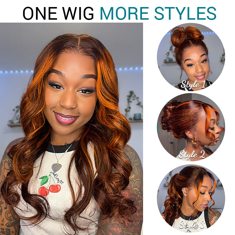 Salon Layer Cut Ginger Highlights On Brown Hair 360 Lace Frontal Invisi Strap Skin Lace InvisiDrawstring Snug Fit Body Wave Human Hair Wig