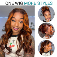 Salon Layer Cut Ginger Highlights On Brown Hair 360 Lace Frontal Invisi Strap Skin Lace InvisiDrawstring Snug Fit Body Wave Human Hair Wig