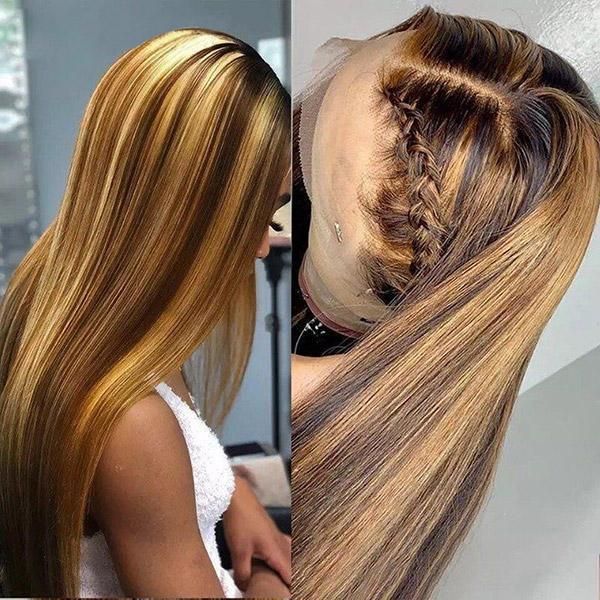 P4/27 Honey Blonde Highlight Straight Hair 13x4 13x6 Full Lace Frontal Human Hair Wigs