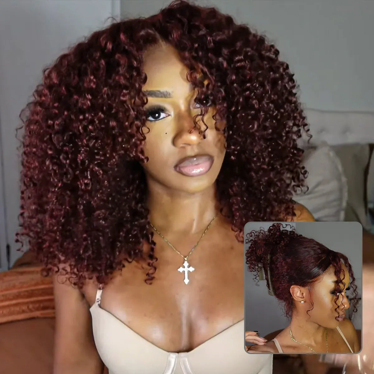 Reddish Brown Kinky Curly Invisi Strap Snug Fit 360 Melting Lace Frontal Bleached Knots Glueless Lace Wig